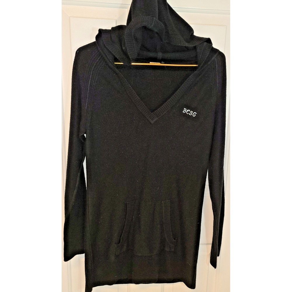BCBG MaxAzria Hoodie V neck Sz XL Beach Cozy Pull Over Black Kangaroo Pocket